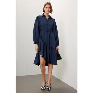 Osman Yousefzada x RTR Blue Twill Ruffle Dress Size 4 with Fabric Pull